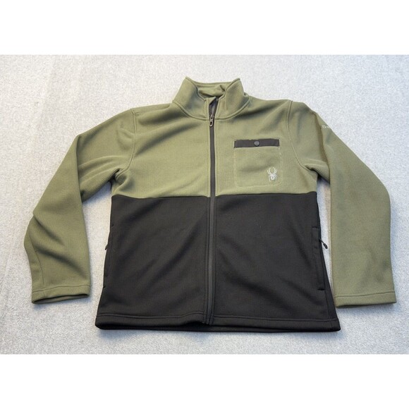 Spyder Sweater Jacket Mens Large Green Black Bonded Fleece Full Zip Pockets - Picture 1 of 9